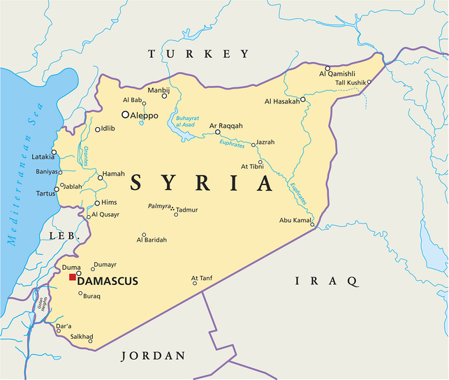 Political map of Syria with capital Damascus, national borders, most important cities, rivers and lakes. Vector illustration.