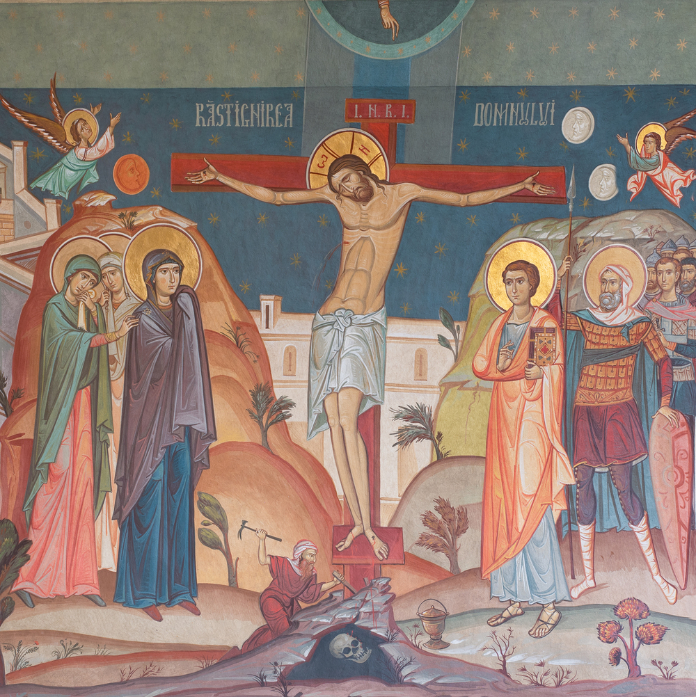 Christus stirbt am Kreuz / Erzdiözese Wien/ Stephan Schönlaub, Stephan Schönlaub Am Karfreitag wird Christus auf Golgatha gekreuzigt. Durch seinen Tod nimmt er alle Sünden auf sich und erlöst die Menschheit. Der Überlieferung nach befand sich auf Golgatha auch das Grab Adams. Der Sündenfall und die Erlösung von seinen Folgen lieg