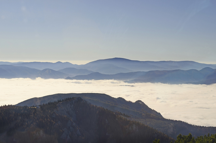 Austria, high fog over Puchberg basin on Schneeberg mountain