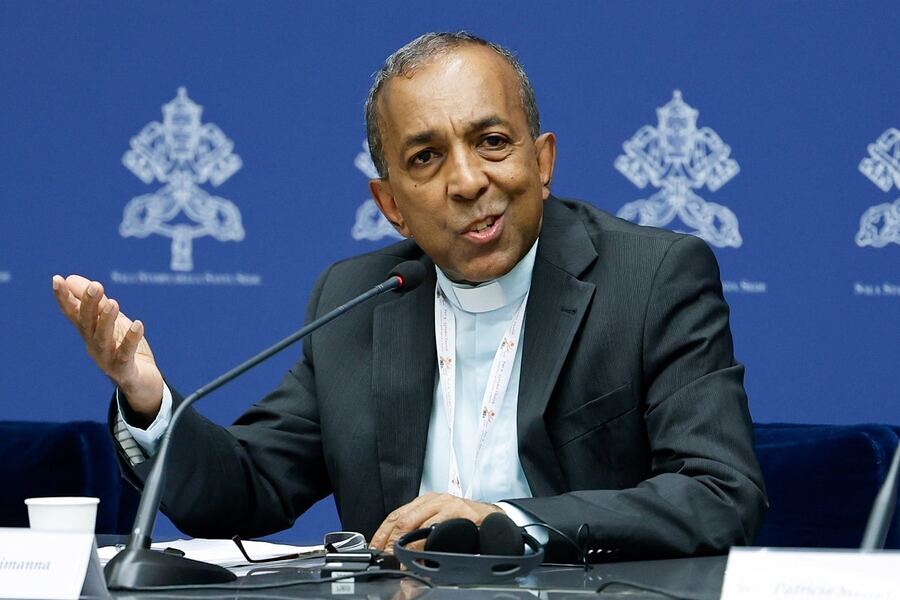 P. Vimal Tirimanna, a synod member and moral theologian from Sri Lanka, speaks during a briefing about the assembly of the Synod of Bishops at the Vatican Oct. 16, 2023. (CNS photo/Lola Gomez)