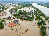 Aerial view of flooded houses with dirty water of Dnister river in Halych town, western Ukraine.