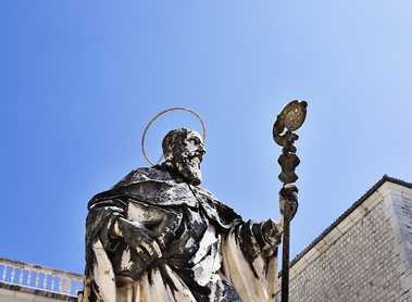 Montecassino Abbey -Italy -statue of St. Benedict against blue sky  , Benedictine monastery