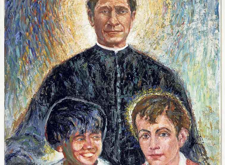 Don Bosco mit Kindern,Alfred Larcher, Öl auf Holz, 100x80 cm, 1964.
