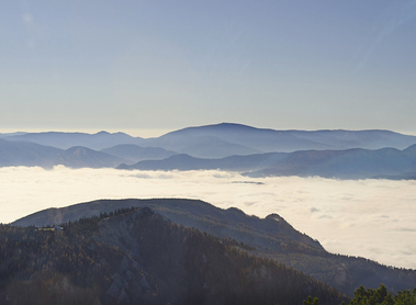 Austria, high fog over Puchberg basin on Schneeberg mountain